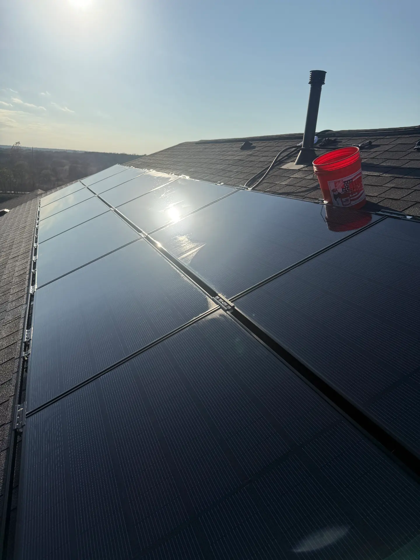 San Marcos array after cleaning, sun mirrored cleanly off the panel glass